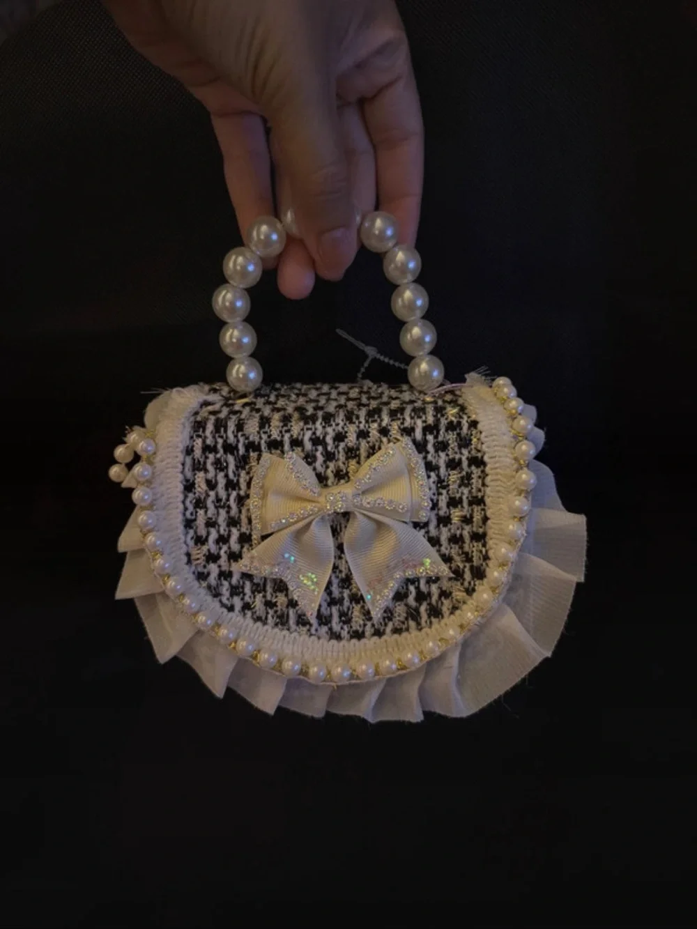 Pearl-Handle Black & White Bow Accent Women's Handbag